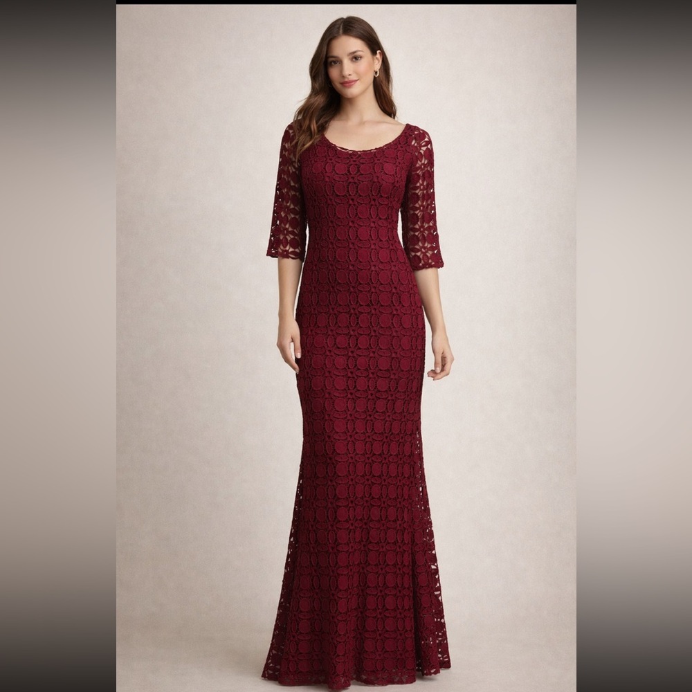 Kay Unger Deep Red Lace 3/4 length Sleeve long Dress